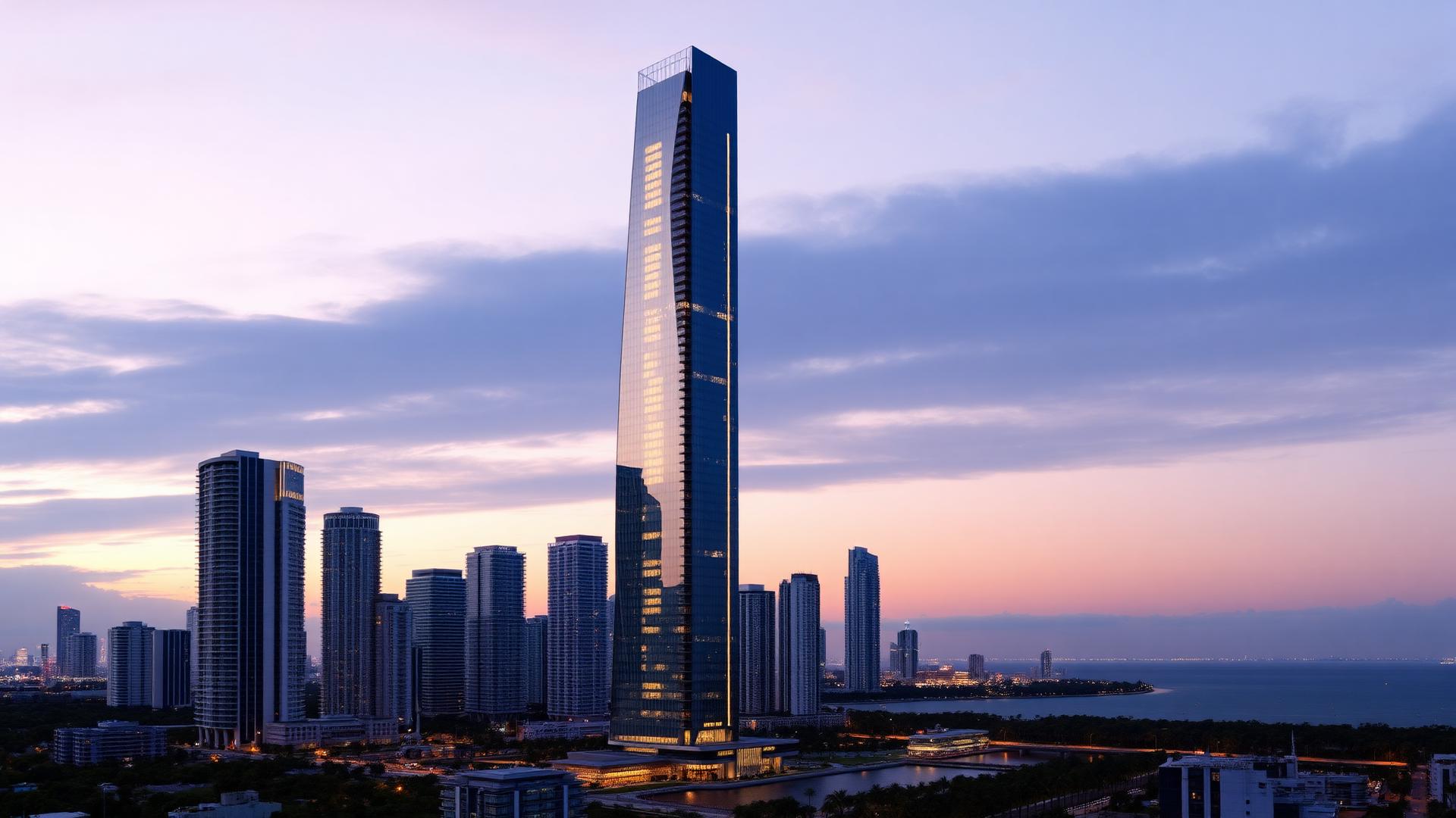 Delano Residences & Hotel Miami — supertall tower at dusk